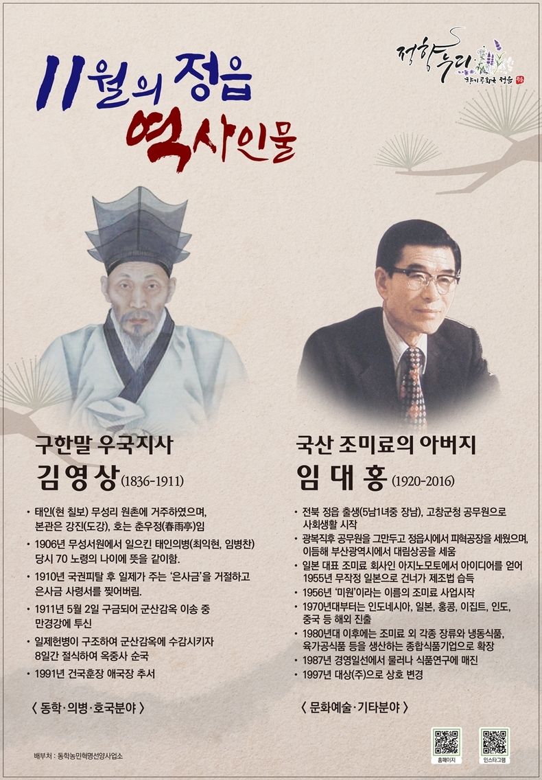11월의 정읍 인물로 우국지사‘김영상’, 국산 조미료의 아버지‘임대홍’선정(사진=정읍시청)