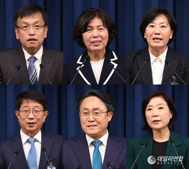 윤석열 대통령은 4일 경제부총리 겸 기획재정부 장관 후보자로 최상목 전 대통령실 경제수석(사진 윗줄 왼쪽)을 지명하는 등 장관 6명을 교체하는 개각을 단행했다. 윤 대통령은 국가보훈부 장관 후보자에 강정애 전 숙명여대 총장(사진 윗줄 왼쪽 두번째부터), 농림축산식품부 장관 송미령 전 한국농촌경제연구원 선임연구위원, 국토교통부 장관 박상우 전 한국토지주택공사 사장(사진 아랫줄 왼쪽부터), 해양수산부 장관 강도형 한국해양과학기술원 원장, 중소벤처기업부 장관 후보자에 오영주 외교2차관 등을 각각 지명했다.