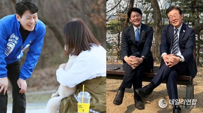  서울 강북을 더불어민주당 한민수 후보가 시민과 대화하고 있다. (왼쪽사진) / 한민수 후보와 이재명 상임공동선대위원장(오른쪽)