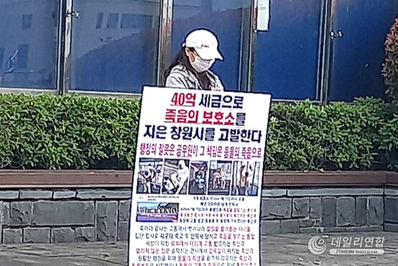 동물공감연대가 지난 5월 1일부터 창원시청 앞에서 통합 동물보호센터의 면적 축소 문제를 두고 1인 시위를 벌이고 있다. 사진=동물공감연대