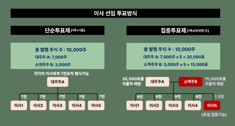 이사 선임 투표방식(단순투표제 vs. 집중투표제) /사진=데일리연합 제작