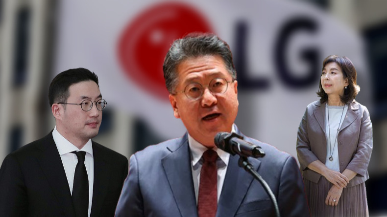 왼쪽부터 구광모 LG그룹 회장, 하범종 LG그룹 CFO(최고재무책임자), 김영식 고 구본무 LG그룹 선대회장 부인. / 사진=데일리연합 
