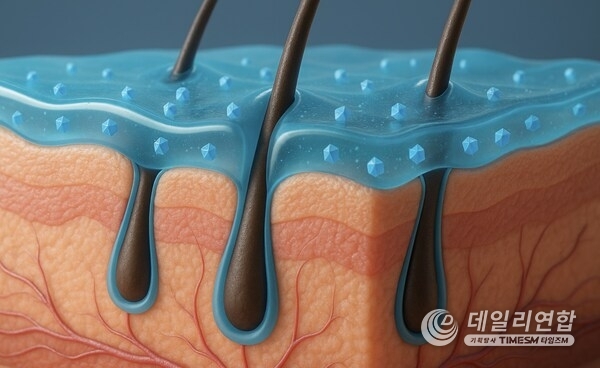 Cross-sectional illustration of human skin treated with a topical Eligobiotics-based gel. The translucent blue gel contains protein-based nanoparticles designed to deliver their DNA payload to bacteria localized within hair follicles, enabling the local expression of therapeutic biologics. Cross-sectional illustration of human skin treated with a topical Eligobiotics-based gel. The translucent blue gel contains protein-based nanoparticles designed to deliver their DNA payload to bacteria localized within hair follicles, enabling the local expression of therapeutic biologics.