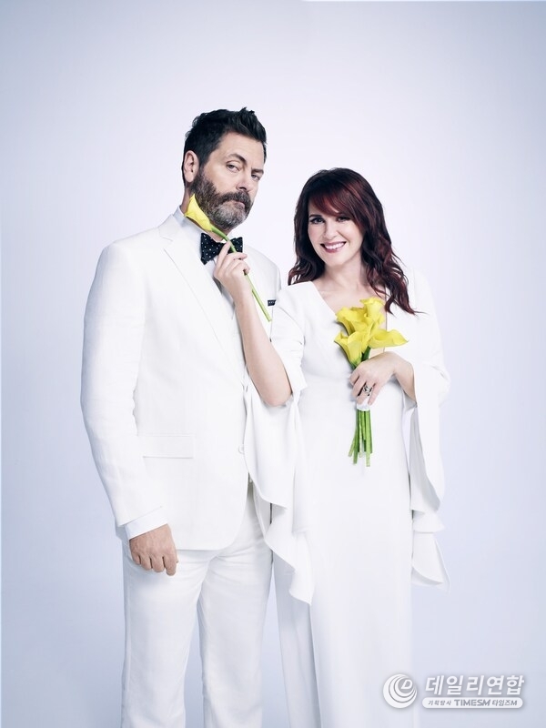 Unscripted and Unfiltered with Nick Offerman and Megan Mullally. Image credit Emily Shur