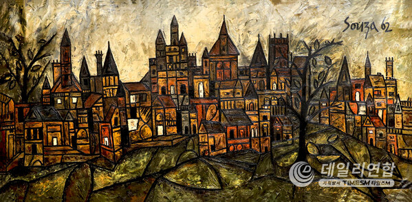 F.N. Souza’s architectural cityscape channels raw, brooding intensity through sharp angles and visceral textures, transforming a medieval-inspired vista into a powerful psychological landscape.