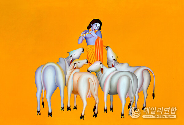 Manjit Bawa’s 1998 masterpiece from his Krishna series, captures a meditative harmony through its iconic ochre backdrop and sculptural simplicity.